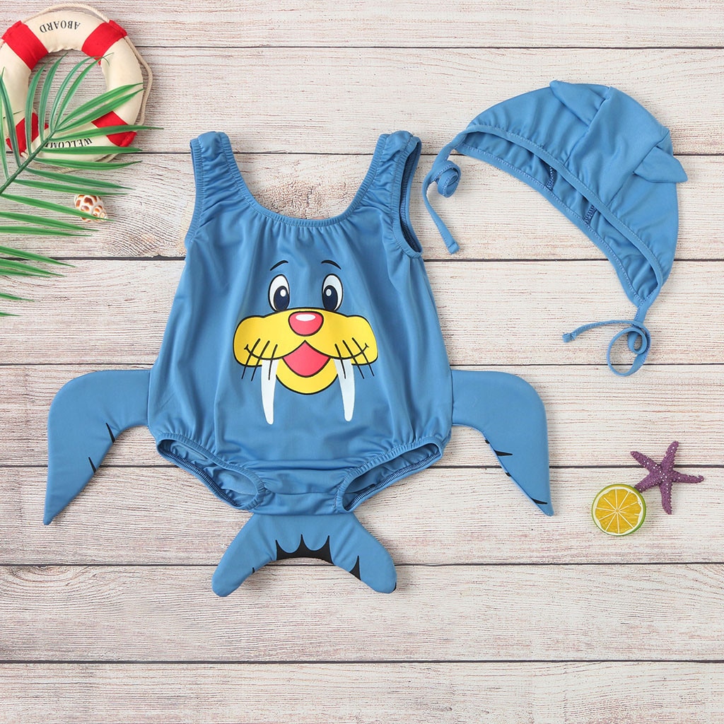 3D Cartoon Sea Dog Sleeveless Bikini With Swimming Cap Newborn Baby Boy Clothes Summer Beach Swimwear Girls Bathing Suit