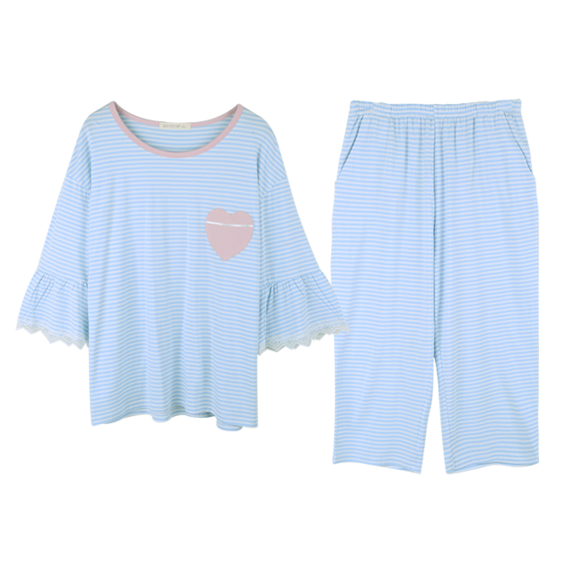 Pijama de fibra de bambú para mujer, traje de manga corta con cuello redondo, Capris a rayas, ropa cómoda para el hogar, primavera y verano,: Azul cielo / XXL