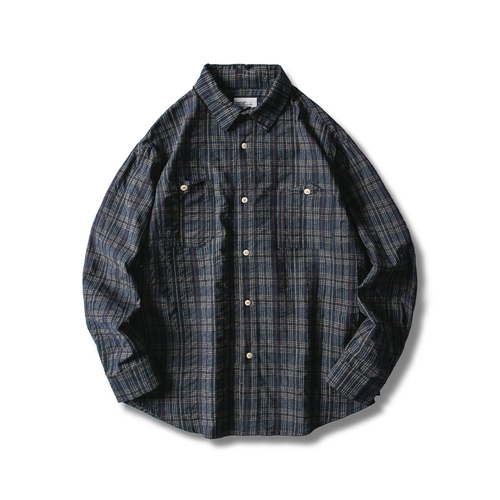 Japanse katoenen heren geruite overhemden met lange mouwen, retro trend, geruite overhemden, heren overhemd met zak, herfst, heren casual overhemden, 50: Marine / Xl