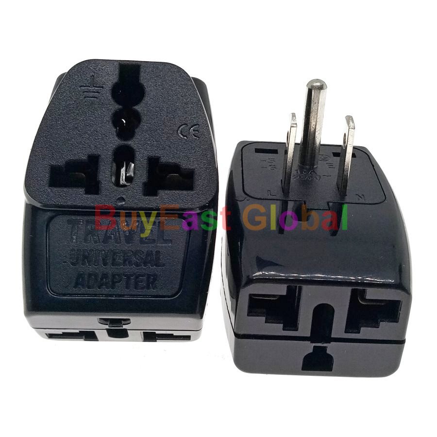(Pack 2) 3 IN 1 - Universal to USA, Canada Electrical Plug Adapter AC100~250V 10A Black Color
