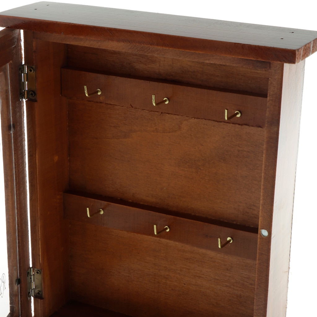 Pastoral Style Key Cabinet Wooden Key Holder Box Wall Mounted Decorative Key Rack with 6 Hooks for Home Office 21x6x25cm.