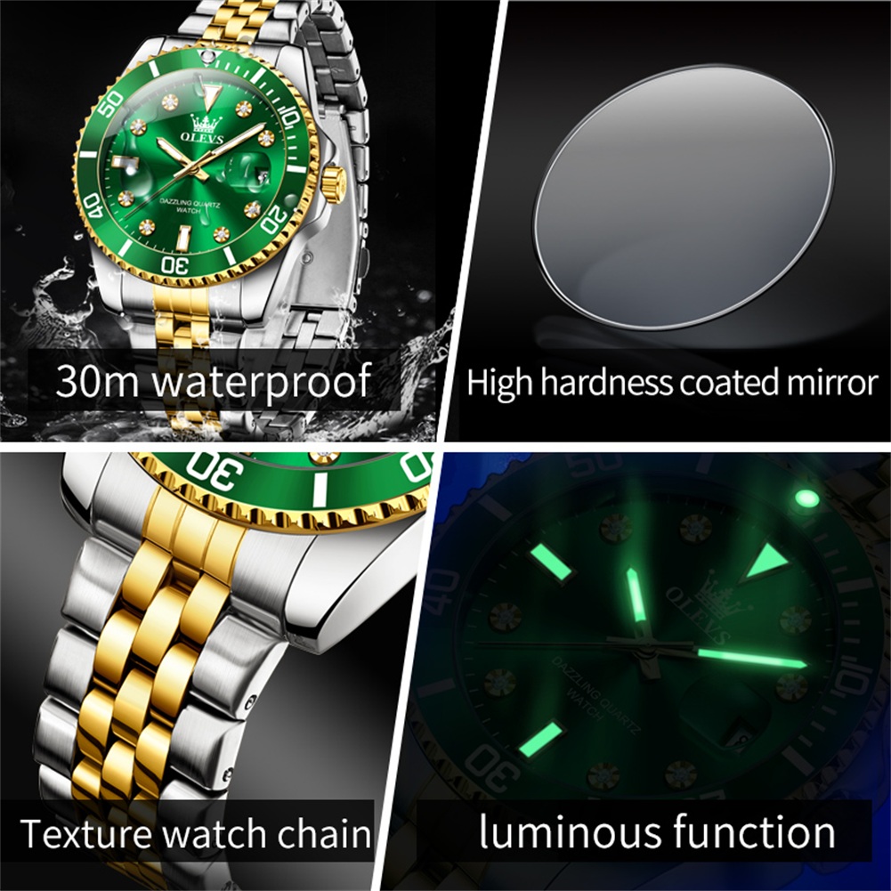 Olevs Originele Luxe Mannen Horloge Kalender Groen Waterdicht Quartz Horloge Voor Mannen Rvs Band Lichtgevende Diamant Schaal