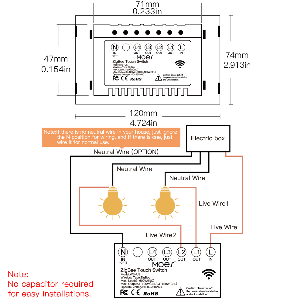 ZigBee Interruptor de luz inteligente táctil de pared con neutro/sin neutro, sin condensador Smart Life/Tuya Control de 2/3 vías compatible con AlexaGoogle