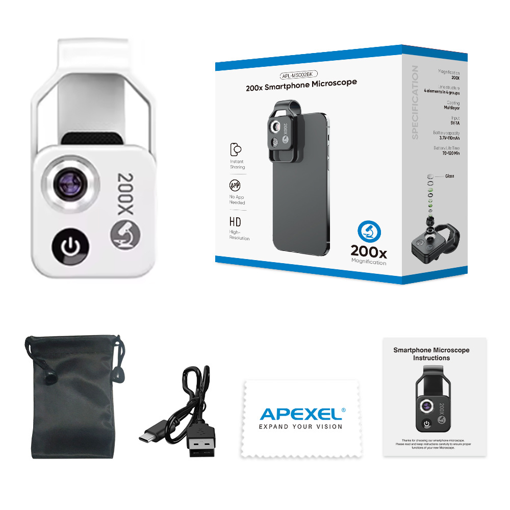 200X Phone Mini Pocket Microscope w/ LED Light/Universal Clip,Nano Zoom Digital Microscope Camera,Microworld for Kids Adults: Silver