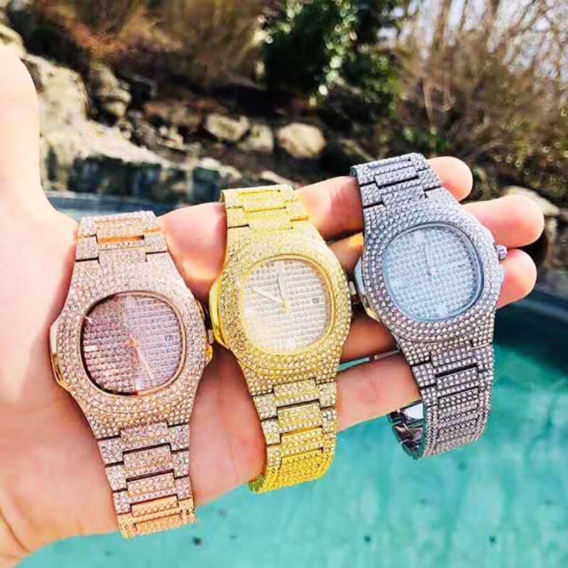 Gold Watch Men Luxury Brand Diamond Mens Watches Top Brand Luxury Iced Out Male Quartz Watch Calender Unique For Men