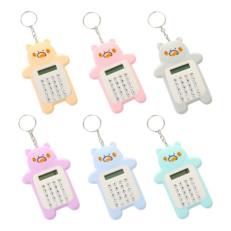 Portable Cute Cartoon Calculator Mini Bear Calculator 8 Digits Display with Keychain Button Battery Pocket Size Calculat