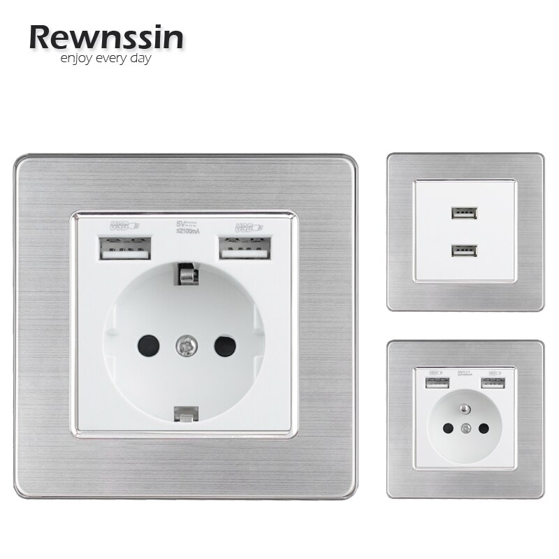 Electrical Outlets EU/France UCB Combination Power Socket 2.1A Dual USB Charging Dedicated Port White Stainless Steel Panel