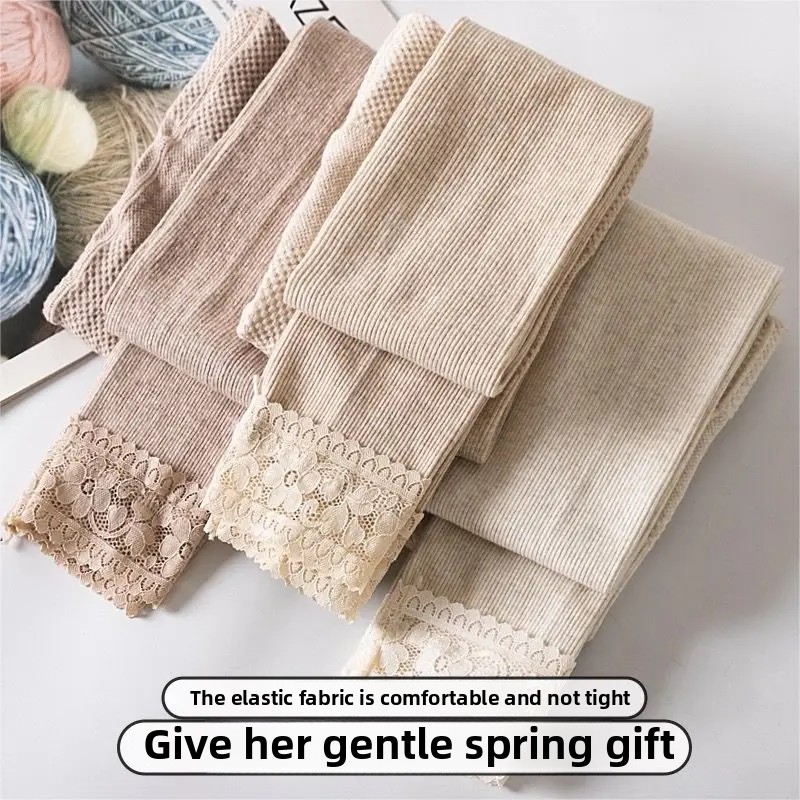 Pantalones de lana gruesa para mujer, mallas térmicas de algodón, adornos de encaje adelgazantes, pantalones cálidos de nueve puntos, rayas verticales, Otoño e Invierno