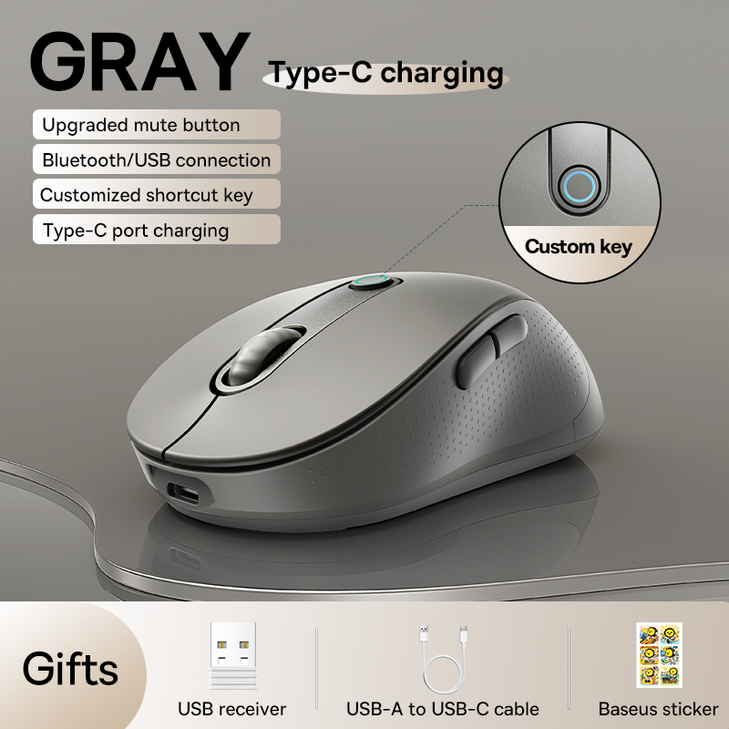upgrade】Baseus oplaadbare draadloze muis Type-C Opladen Bluetooth 5.2 4000 DPI Computer Laptop Mute Muizen Ergonomische muis: GRIJS