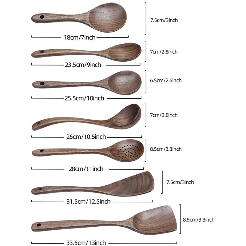 7 Pcs Wooden Kitchen Cooking Utensil Set,Wooden Soup Ladle,Black Walnut Wooden Spoons Spatula for Cooking,Mixing Spoon