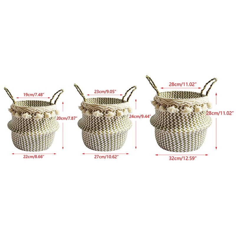 Cesta grande de mimbre plegable para almacenamiento de ropa, cestas decorativas con pompones, macetas de flores, organizador del hogar