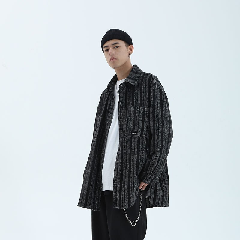 F426 Oversize Stripe thick Shirts Men Long Sleeve Streetwear camisa masculina Men's Shirt Hip Hop Cotton Men Fashions