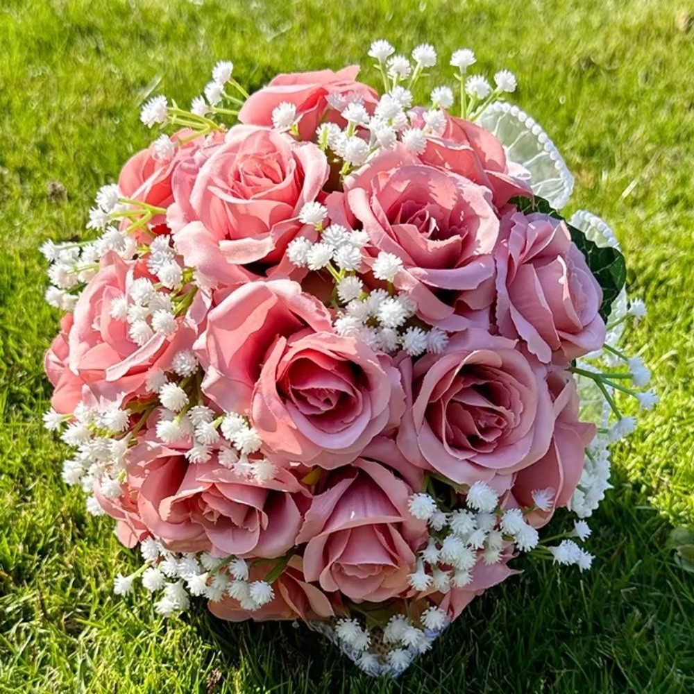 Baby's Atem Romantische Hochzeitssträuße Künstliche Seidenblumen Schleifenband Brautstrauß Koreanischer Stil Perlen Spitze Weiße Rosen Strauß