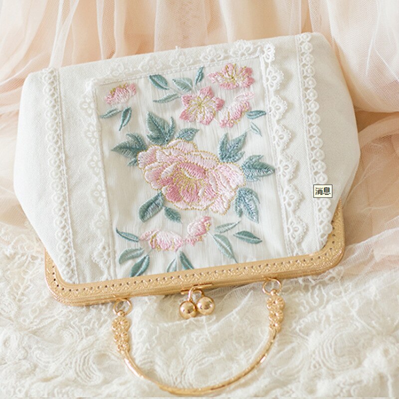 Vrouwen Bloemen Borduren Clutch Tassen Keten Schoudertas Dame Handgemaakte Kant Cover Kisslock Messenger Crossbody Bag
