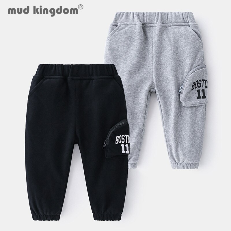 Mudkingdom Little Boy Jogger Plus Velvet Solid Letter Elastic Waist Casual Sports Pants for Boys Zipper Pocket Winter Trousers