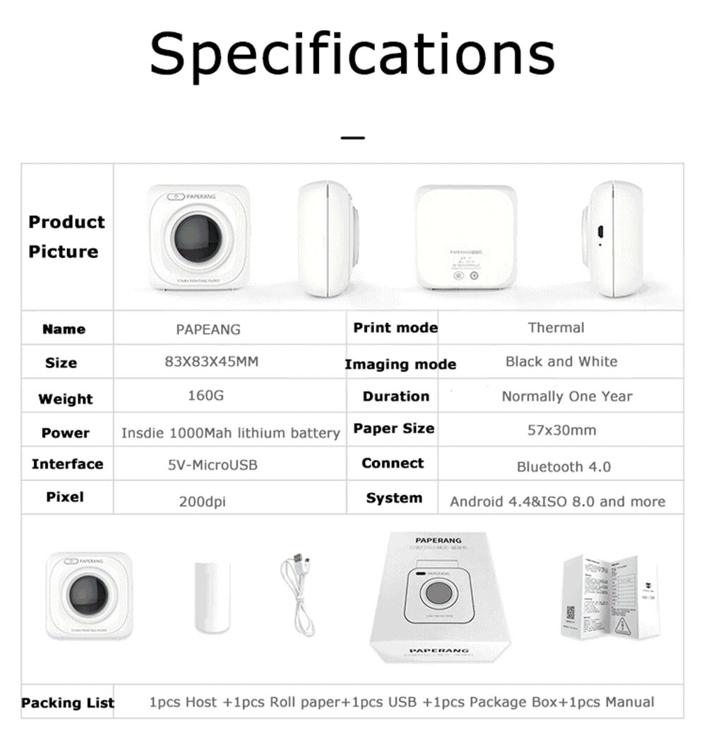 Paperang – mini-imprimante photo thermique Portable P1, bluetooth, USB, pour téléphone Android et iOS