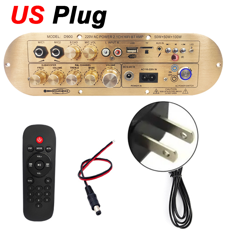 Audio Amplifier Board D900 TPA3116 Channel 2.1 Bluetooth5.0 USB Reverb Adjustment 50W+50W+100W Power Amplifier Board for Karaoke: transparent