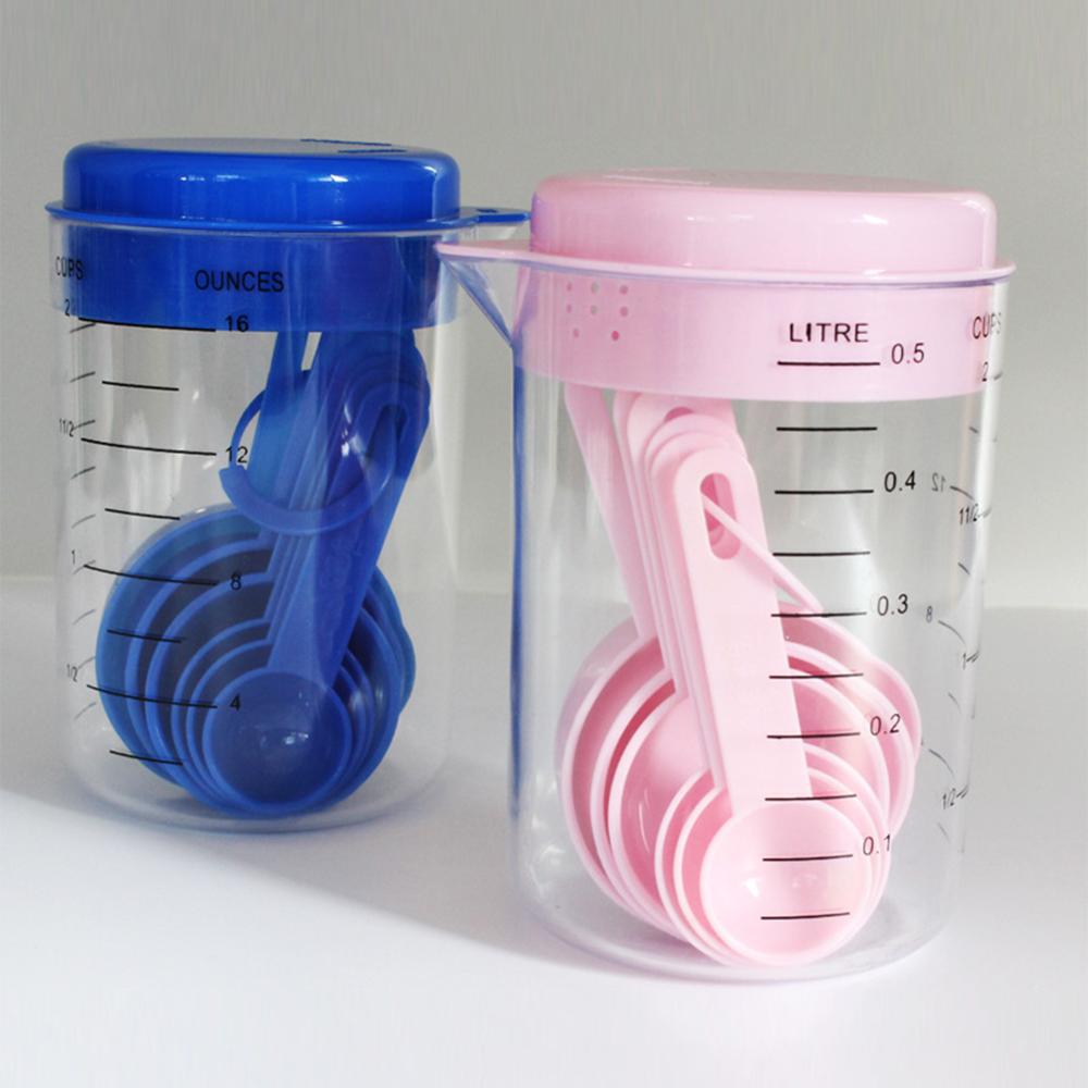 Measuring Cup Container with Spout and Stackable Spoons Set, 7pcs Plastic Utensils Set for Baking and Cooking