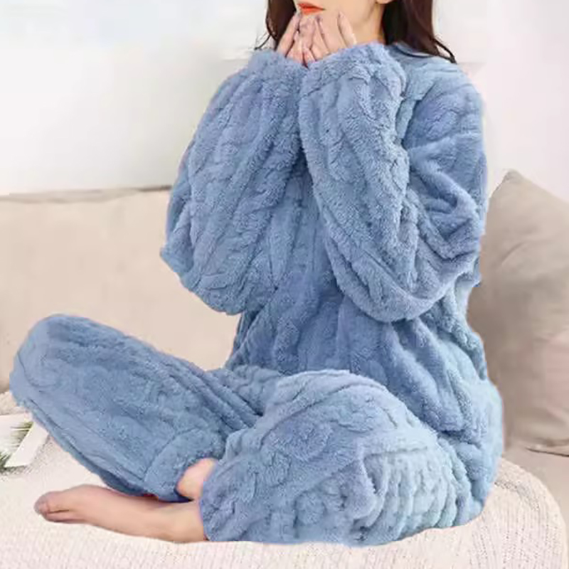 Kvinders pyjamassæt vinter nattøj o-hals løs langærmet top elastisk talje ben buksesæt bukser plus størrelse matchende sæt: S / Elfenben