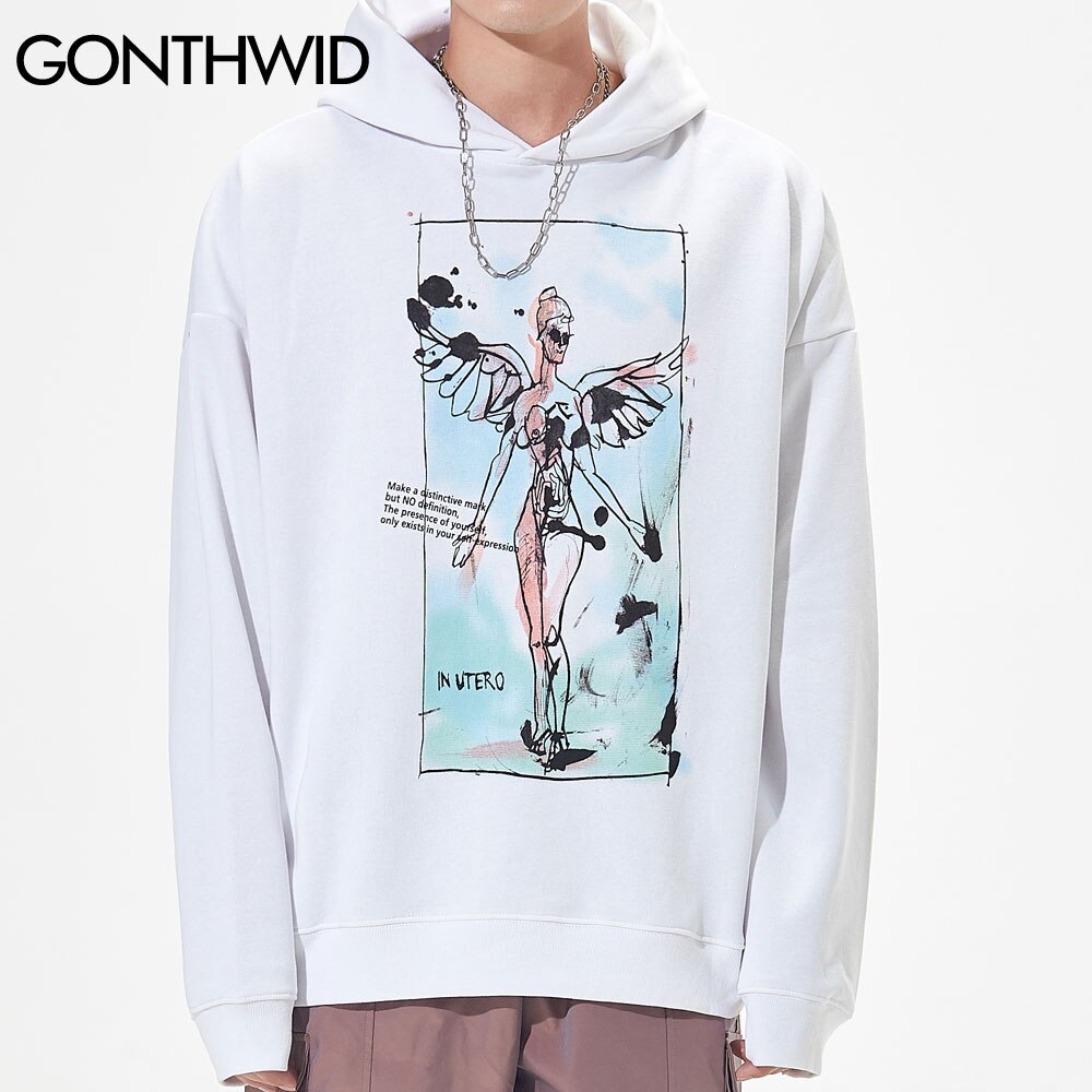 GONTHWID Graffiti Wings Angel Print Fleece Hoodies Sweatshirts Streetwear Hip Hop Casual Loose Hooded Tops Mens Outwear