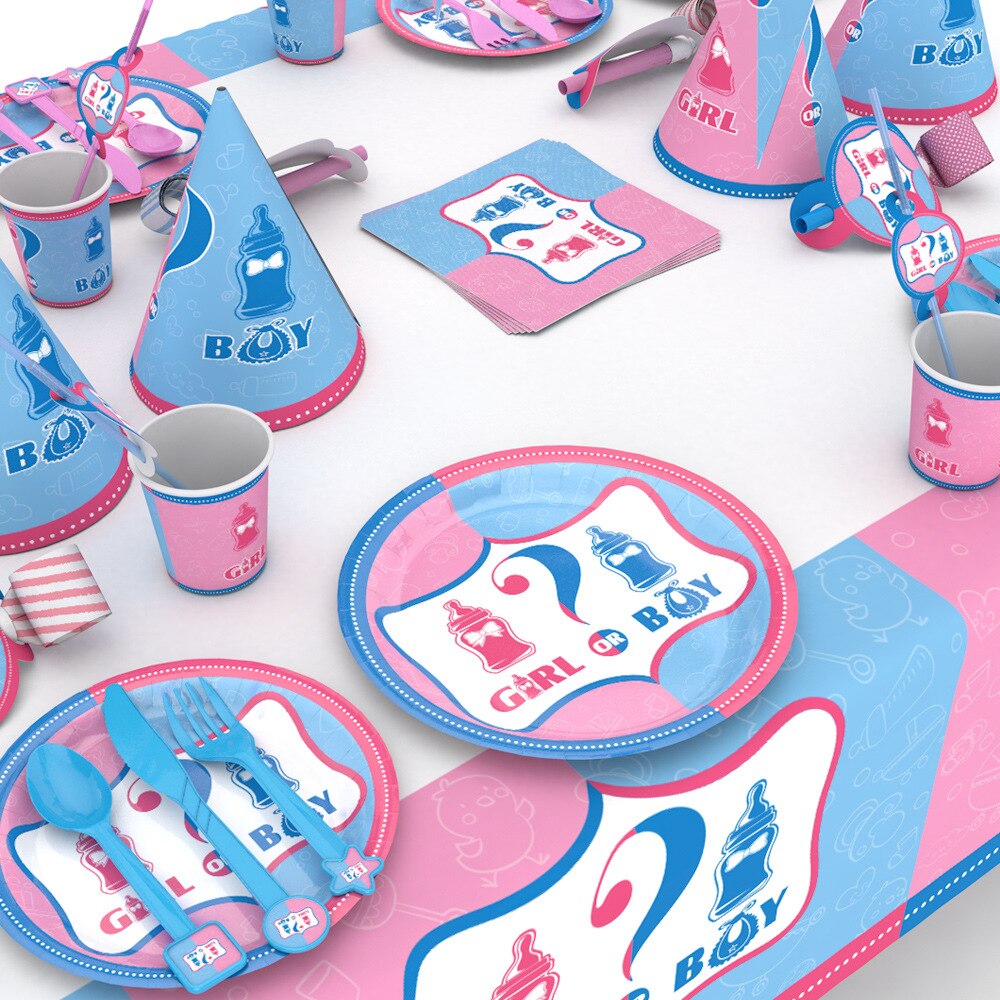 Kön avslöja porslin flicka eller pojke latex ballong banderoll papperstallrik kopp bordsduk servett baby shower födelsedagsfest inredning