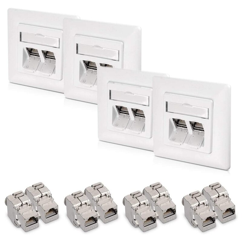 Keystone Module Kit-Inclusief (8) CAT6A Afgeschermde Keystone Jack RJ45 Ethernet Module 10G + (4) 2-Port Wandplaat