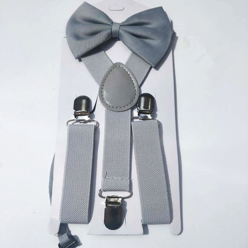 Einfarbig Kinder Gürtel Bowtie Set Baby Jungen Mädchen Hosenträger Clip-on Y-Back Hosenträger Fliege Elastische kid Einstellbare Fliege Set: gray