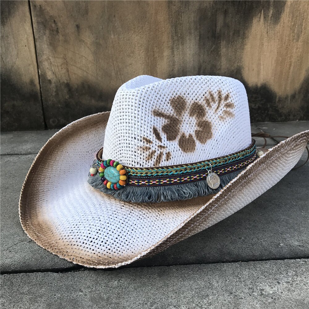 Sombrero de paja ahuecado para mujer, Sombrero de paja ahuecado, estilo bohemio, hecho a mano, estilo Cowboy del Oeste, Jazz, talla 56-58CM