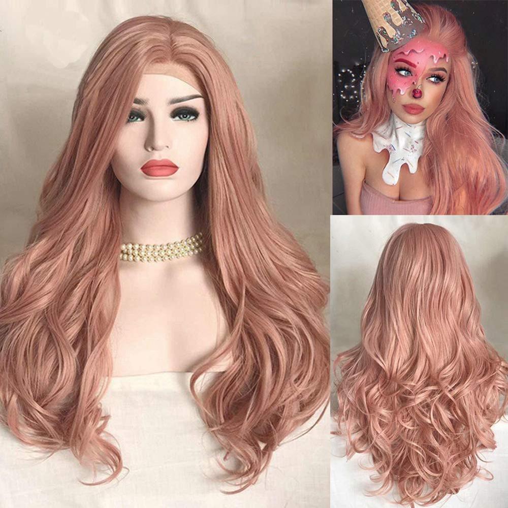 DLME Lace Front Wigs Long Wavy Pink Synthetic Hair Lace Front Wigs For