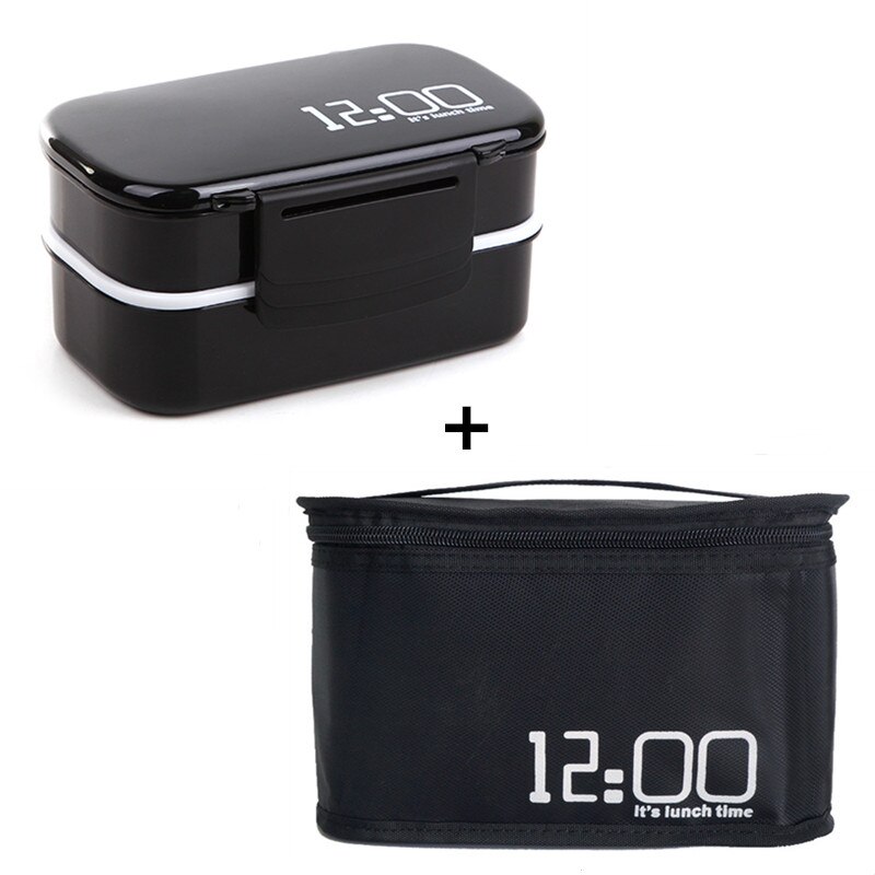 Det er frokosttid 1410ml dobbelt lag plastik madpakke mikrobølgeovn stor kapacitet frokost bento box madpakke: Sort med taske