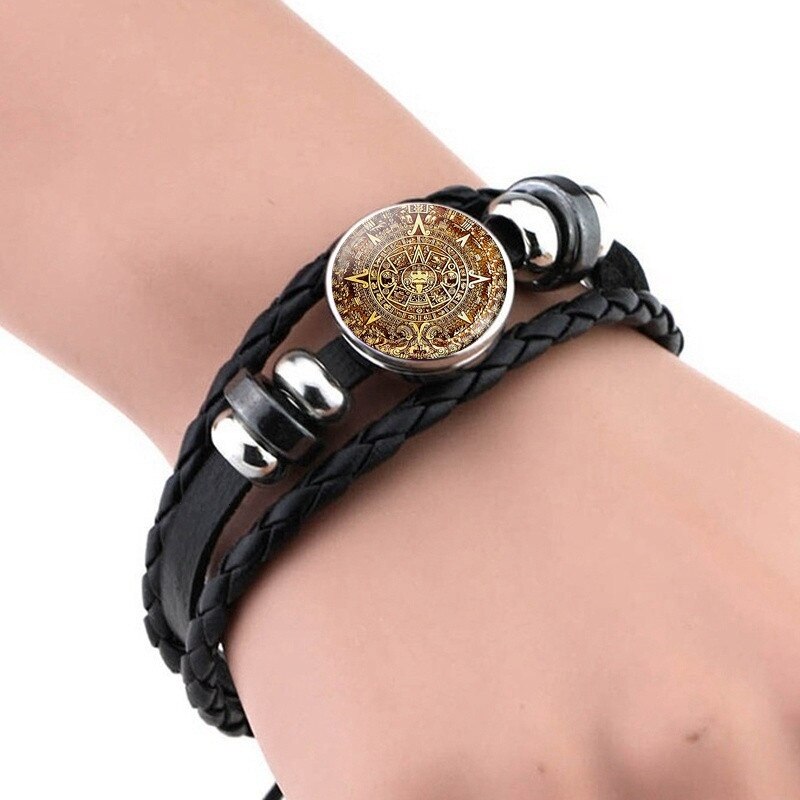 Calendario azteco maya luminoso gioielli Steampunk Cabochon in vetro messicano bracciale intrecciato arte bracciale in pelle nera per donna uomo