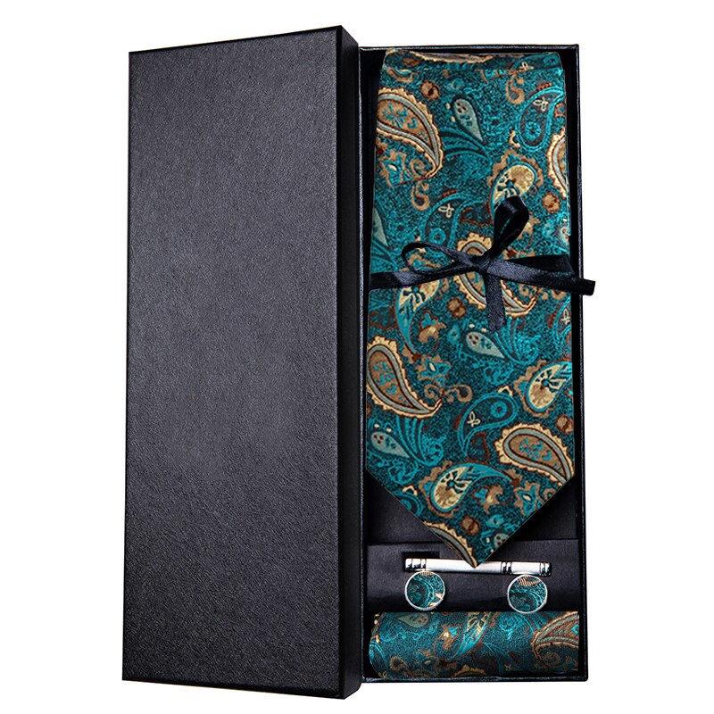 Hi-tie lyxbox klassisk paisley mörkgrön slips mild herrslips handy manschettknappar set slips för män bröllop: Cz -013- ld -03