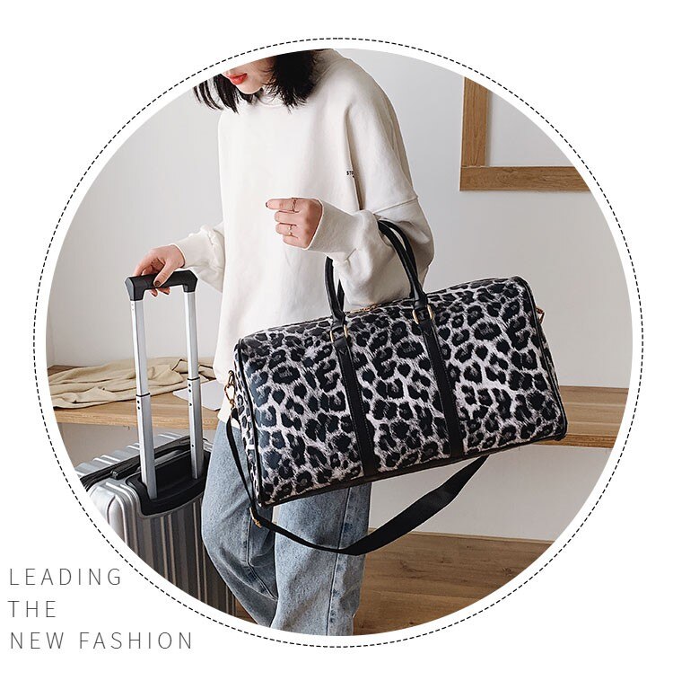 Leopardo grande capacidade saco de viagem, saco de balde do plutônio, marca saco de negócios, unisex saco de fitness, saco de natação, 18 Polegada bolsa feminina: black