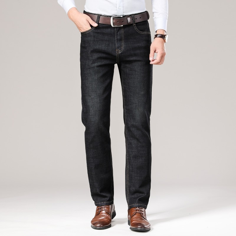 Mænd efterår stretch løs pasform brede ben moda masculina bukser herre jeans klassisk afslappet pasform denim bukser biker