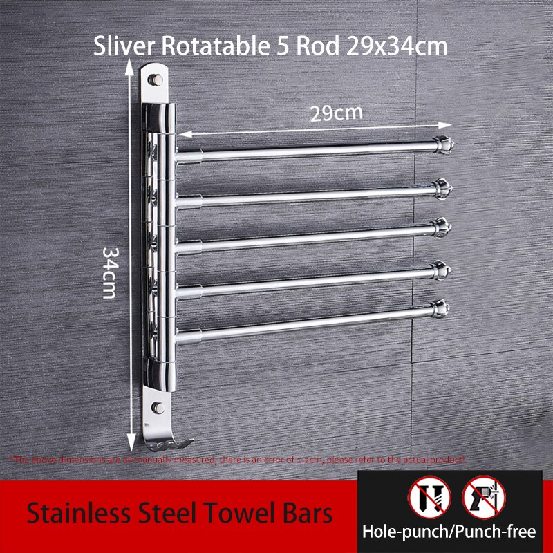 Rotatable Rod Towel Hanger Bar Punch-Free Stainless Steel Wall Shower Hanging Movable Holder Rack Bathroom Accessories 00TB0302: 5 Pole Short 29cm