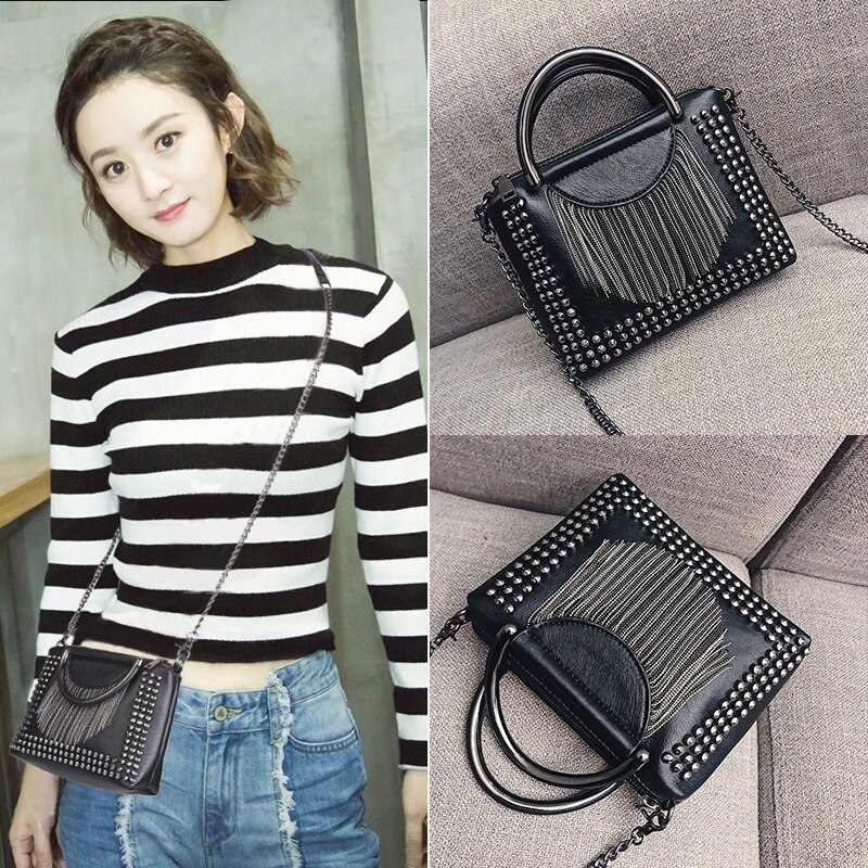 Punk Stijl Vrouwen Tas Top-Handvat Pu Lederen Handtas Met Klinknagel En Kwastje Portemonnee Vrouwen Schoudertassen Kleine cross Body Bag Keten