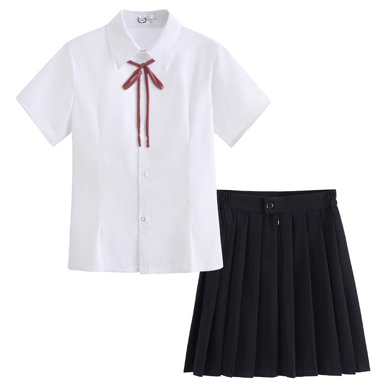 Japanese school uniform JK short-sleeve fitted waist shirt Japan orthodoxy shirt cute SHARP collar pleated skirt SUIT: BLACK SHORT SLEEVE / XXXL