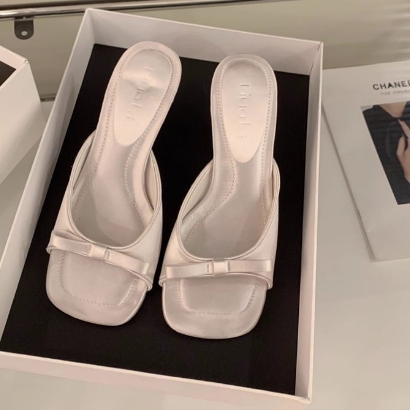 Mules de tacón alto bajo para mujer, sandalias con tiras y lazo, punta cuadrada, aspecto callejero, Verano