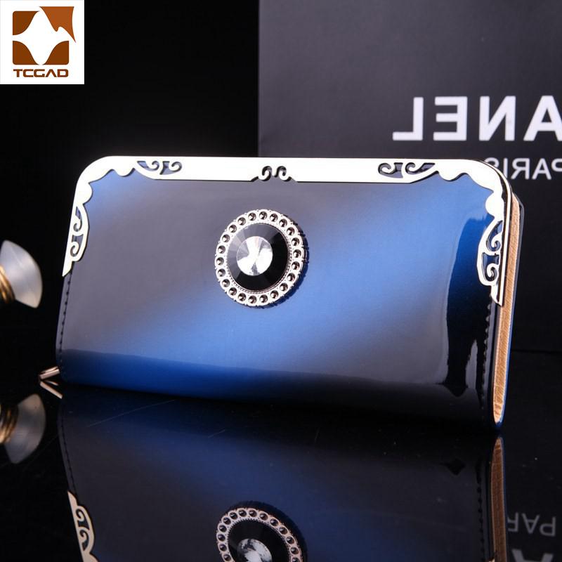 Cartera de mujer con diamantes de imitación de colores, carteras de charol largo para mujer, bolso barnizado: Blue