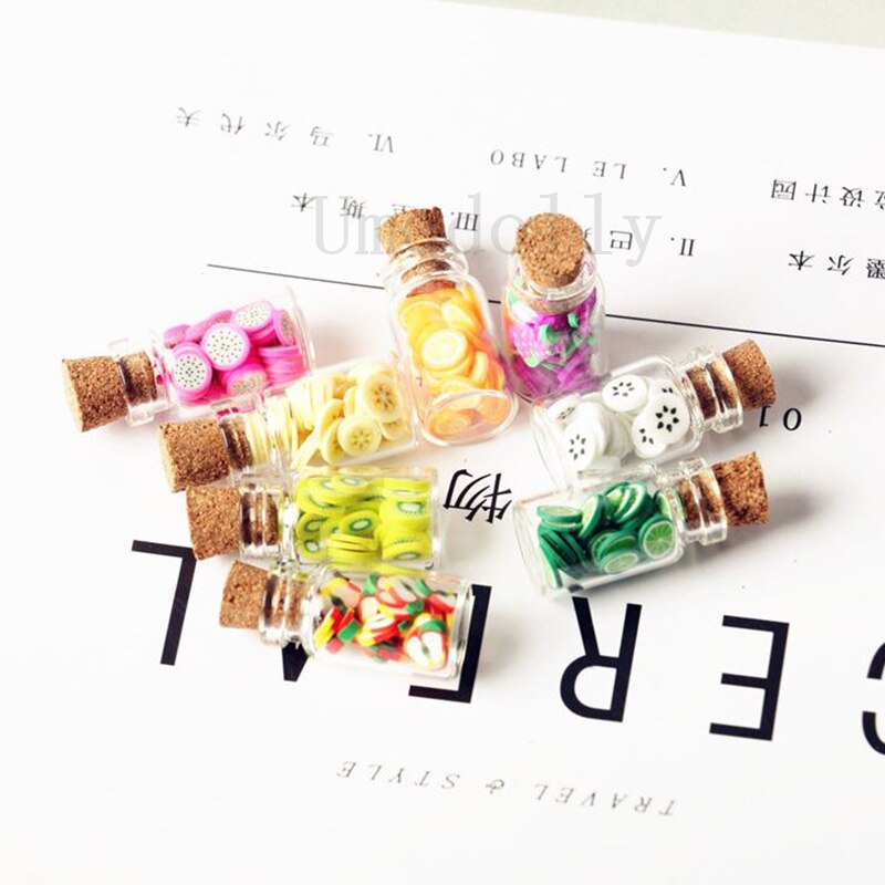 2PCS Cute Mini Wooden Stopper and Fruit Slice Glass Bottle 1/12 Dollhouse Minaiture Play Kitchen Food for Doll Toy
