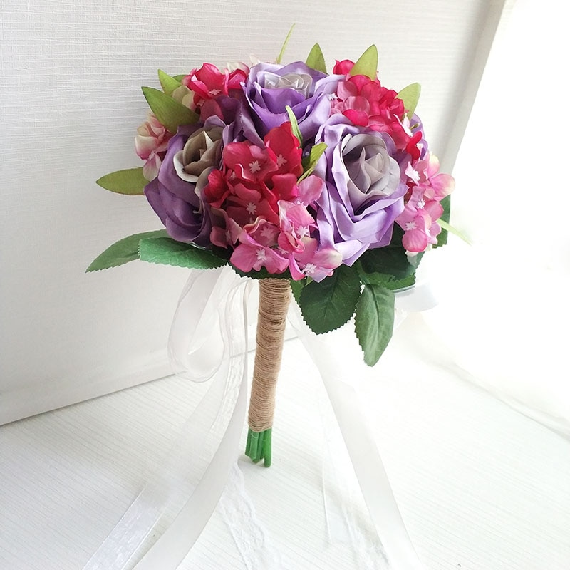 LKY Fr mariage Bouquet mariée Bouquet fleurs mariage soie Roses hortensia rose bleu Bouquet demoiselles d'honneur décoration accessoires