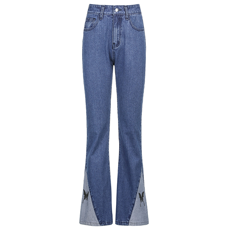 Frauen Y2K Blau Schmetterling Druck Frauen Streetwear Jahrgang Patchwork Denim Jogginghose Harajuku ausgebeult aufflackern Jeans Jogger Hosen: S