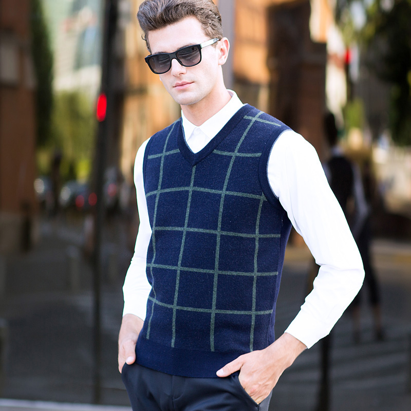 chaleco de lana para hombre, chaleco Casual, sin mangas, suéter grueso y cálido tejido, pulóver para hombre, ropa Casual de de lana pura: Dark Blue / L