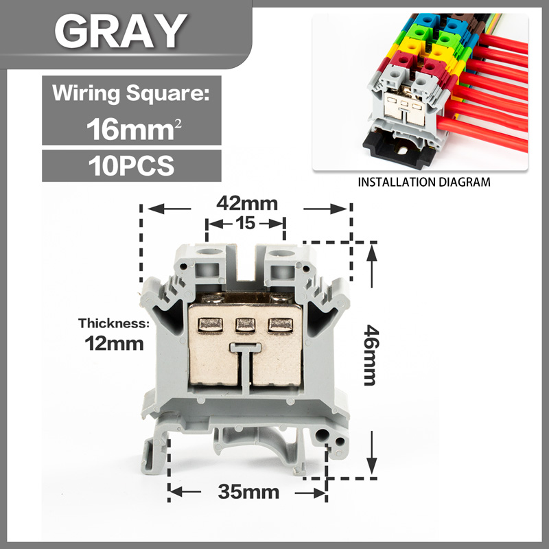 10 Stuks Din Rail Terminal Blok UK-16N Connductor Universele Klasse Schroef Draad Connector Strips Demonteren Montage: Gray-10PCS