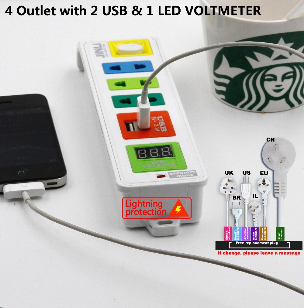 BR IL AU US UK EU plug 3 Outlet & 2 USB & LED VOLTMETER Portable Charger Socket with price