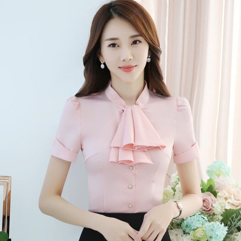 Clothes Bow Tie Women Shirt OL Summer Formal Slim Short Sleeve Chiffon Blouses Office Ladies Plus Size Work Tops