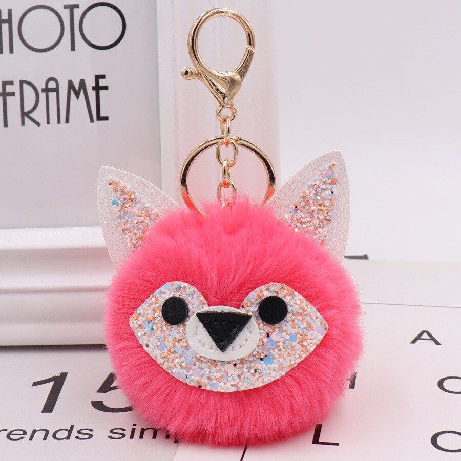 Automne et hiver Style Jade visage renard sac porte-clés modèle Pom-pom porte-clés porte-clés femmes sac pendentif: 8 Watermelon Red  Gold Tone Chain Buckle