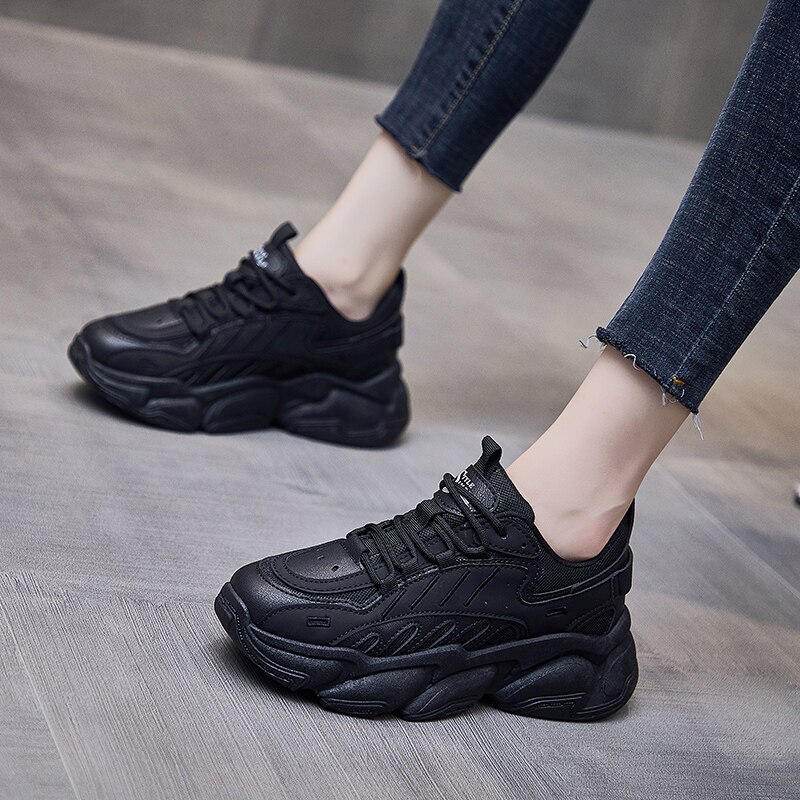 Women Platform Sneakers Leather tennis Ladies Chunky Shoes White Woman High Black Brand Thick soled Wedge Sneakers: black / 40