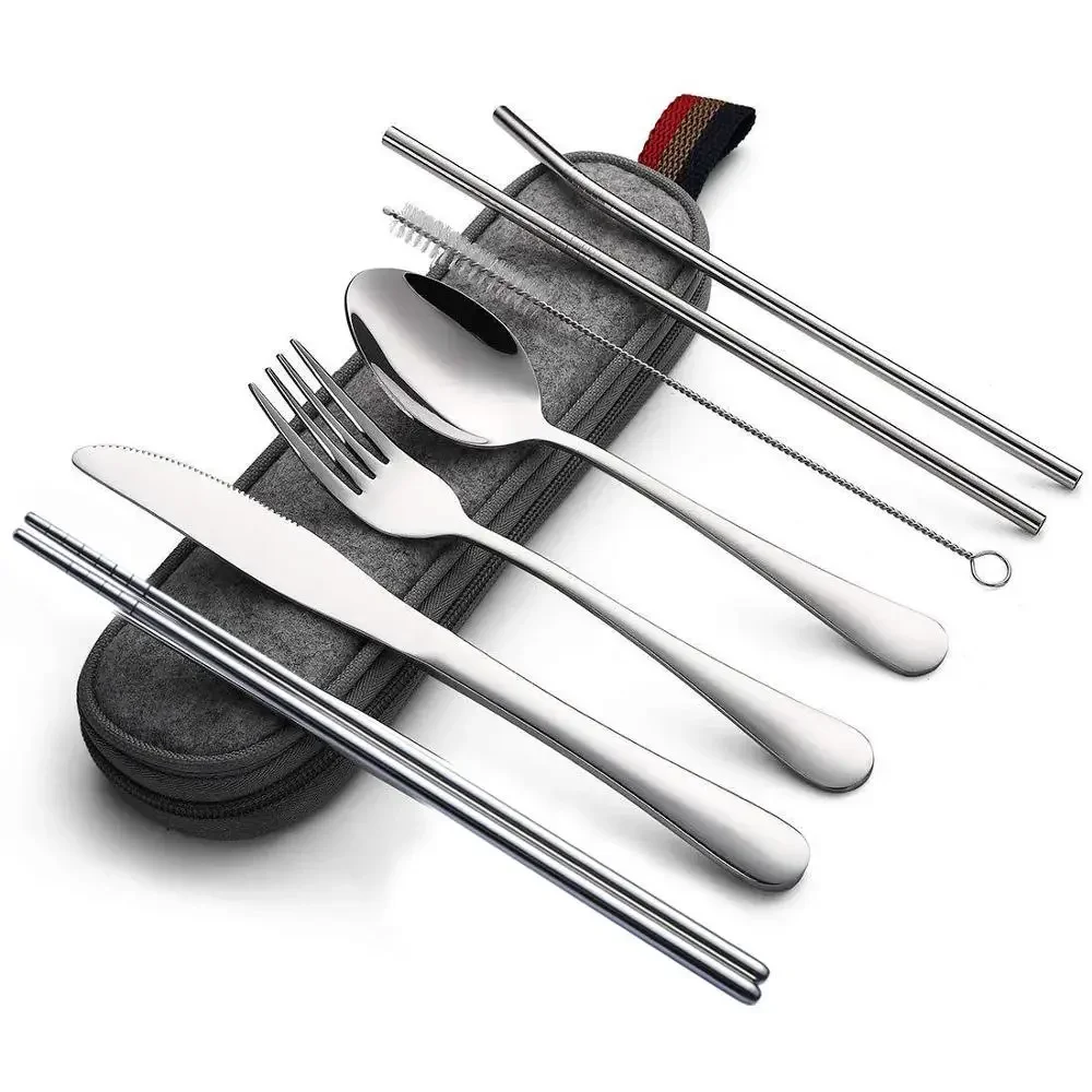 8 pçs/set utensílios de mesa reutilizáveis conjunto de talheres de viagem conjunto de utensílios de acampamento com colher de aço inoxidável garfo pauzinhos palha caso portátil
