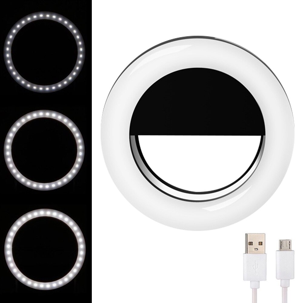 ¡OFERTA DE ! Portátil, recargable por USB, 360 grados, luz de relleno para teléfono móvil, anillo de Selfie en vivo, lente de Clip para teléfono inteligente, belleza para teléfono: Black